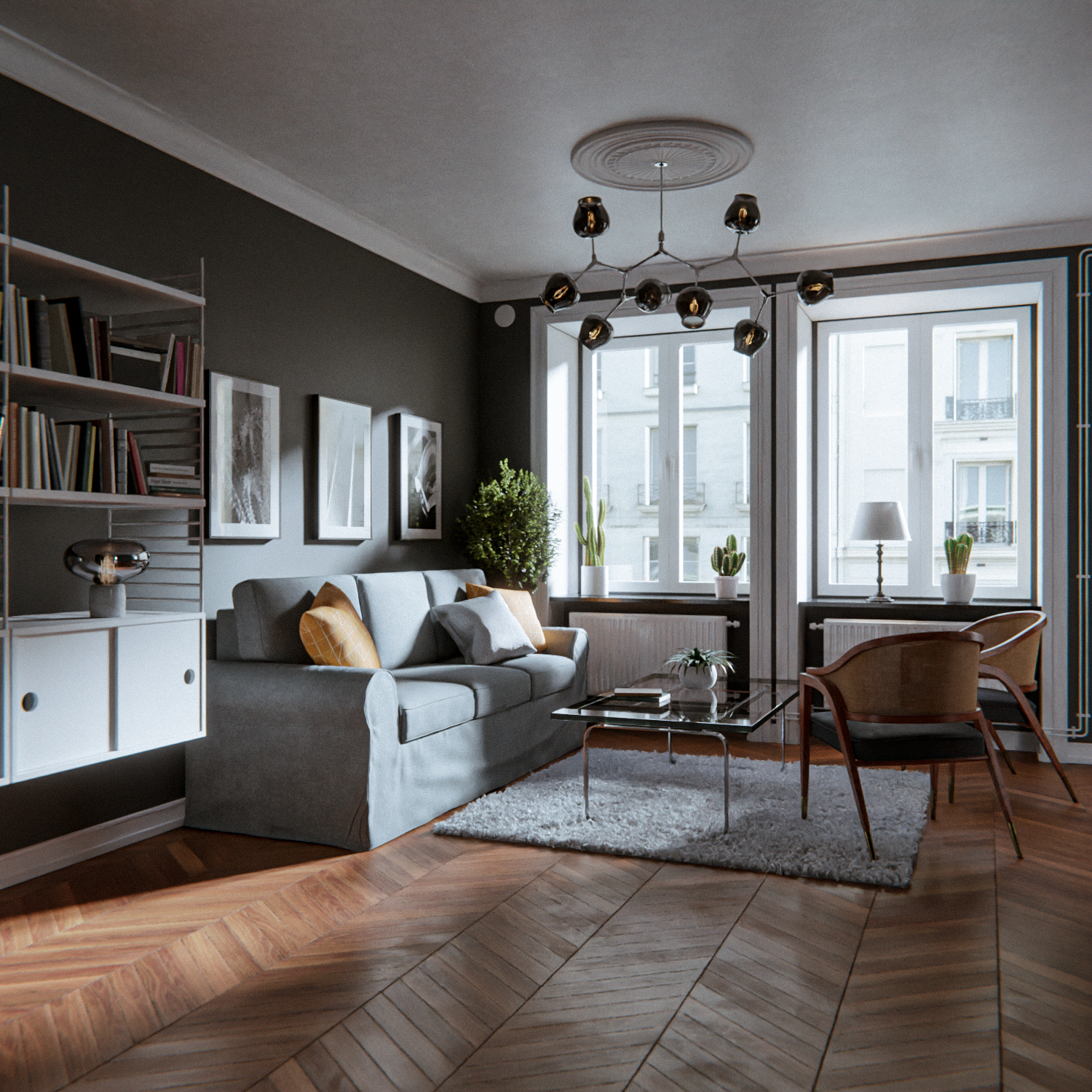Photoreal architectural visualization of a contemporary living room