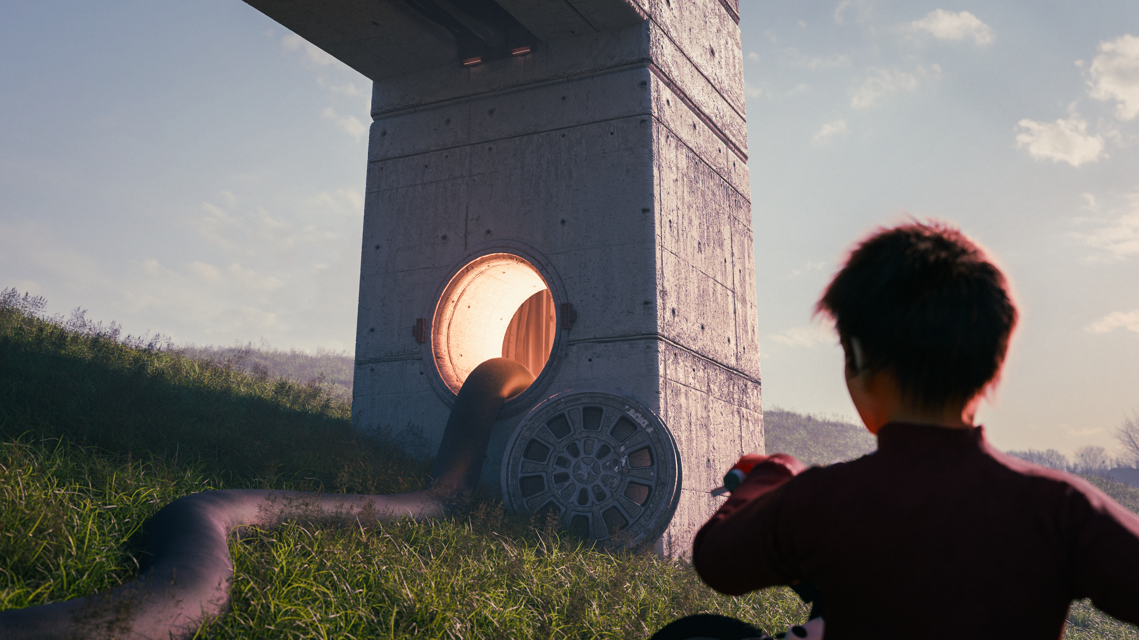 Concrete cinematic still with a child approaching a monumental concrete structure at golden hour
