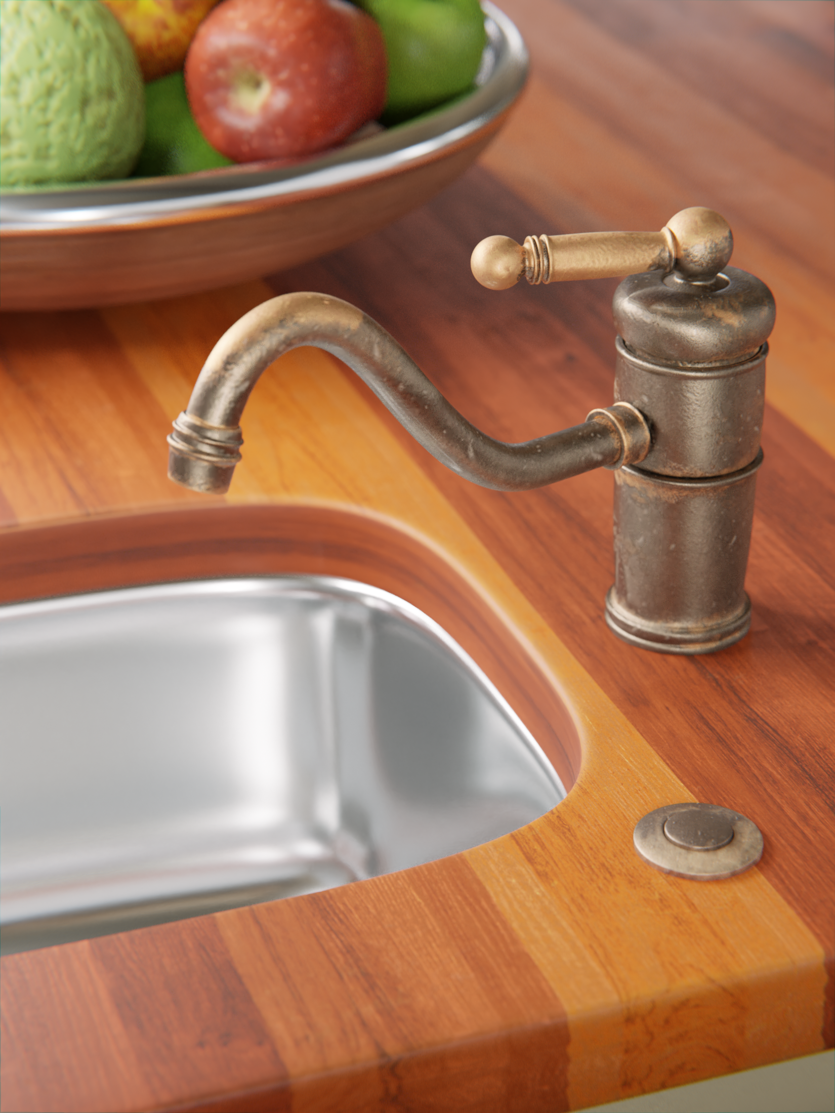 Close product visualization of a metal faucet and wood countertop