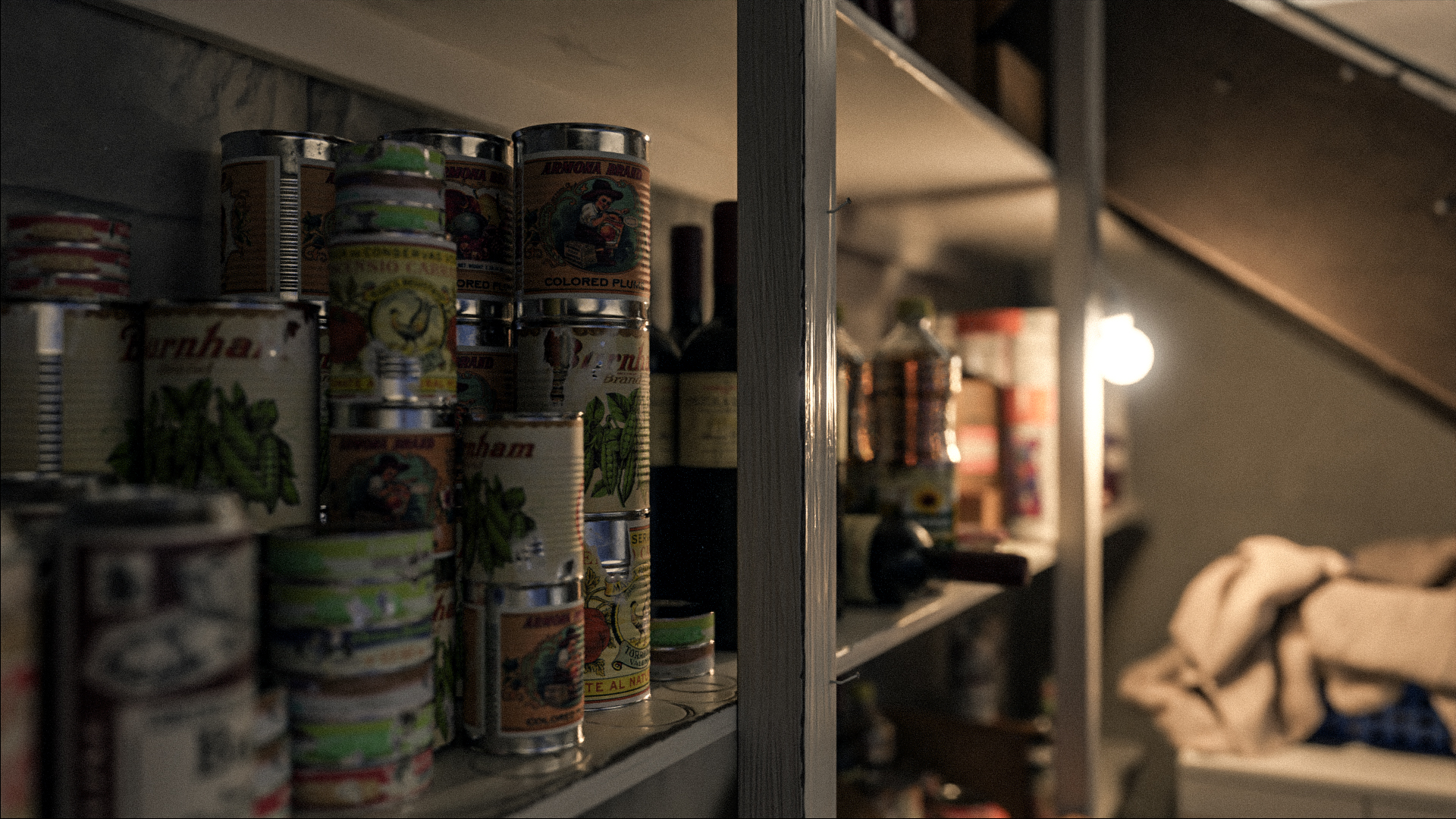 Atmospheric interior product visualization with shelves and practical lighting